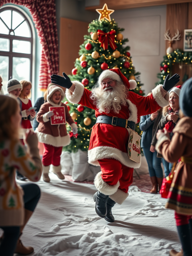 Santa Dancing and Distributing Gifts