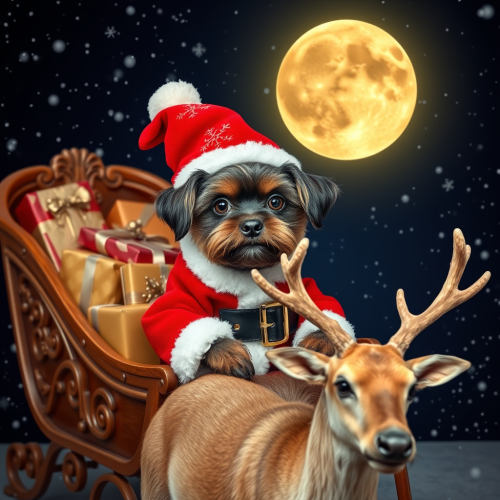 Santa Dog in Sleigh Under Moonlit Winter Night