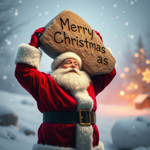 Santa Lifting 'Merry Christmas' Rock in Wintry Landscape