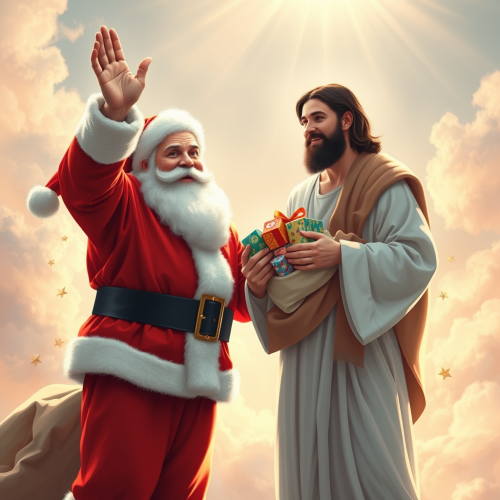 Santa Waving to Jesus with a Bag of Gifts