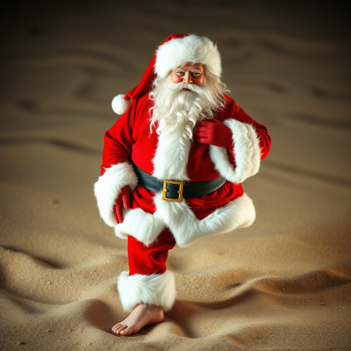 Santa Without Shoes on a Sandy Beach
