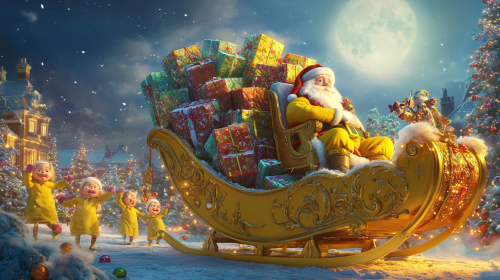 Santa and Elves Preparing Sleigh on Christmas Eve