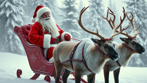 Santa and Reindeer on Sleigh in Snowy Forest