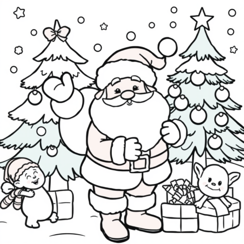Santa and elves on Christmas coloring pages for kids.