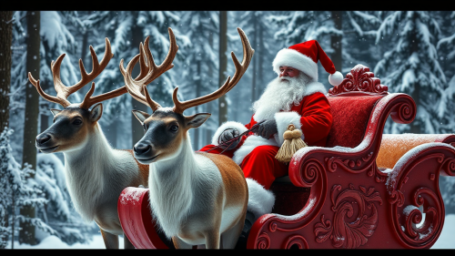 Santa on Sleigh with Reindeer in Snowy Forest