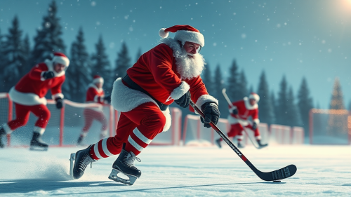 Santa plays hockey with reindeer at North Pole.