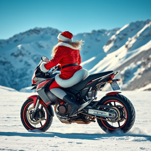 Santa rides fast motorbike in snow, leads avalanche.