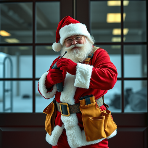 Santa with Tool Belt and Drill by Glass Doors