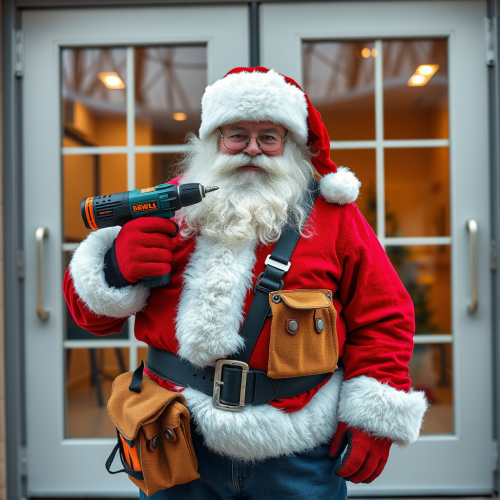 Santa with Tool Belt and Drill by Glass Doors