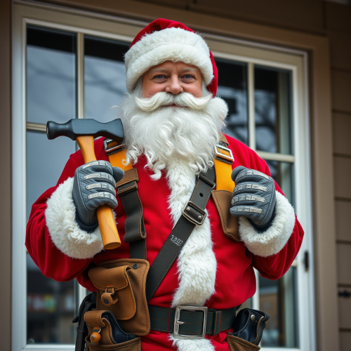 Santa with Tool Belt and Hammer near Windows