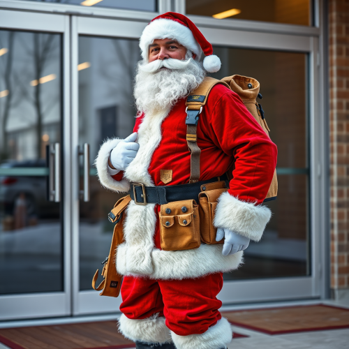 Santa with Tool Belt in Front of Glass Doors