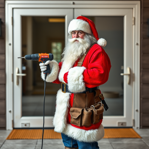 Santa with a Drill and Tool Belt by Glass Doors