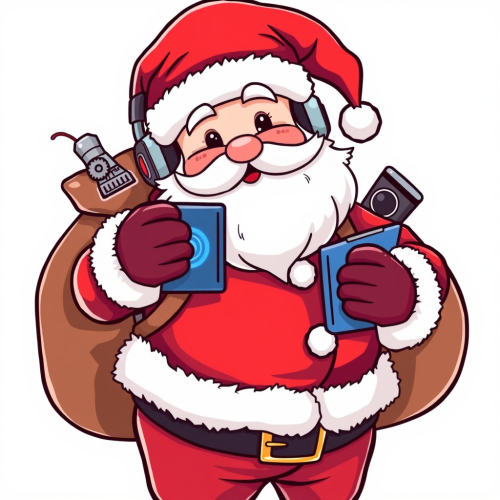 Santa with gadgets and headphones in bag.