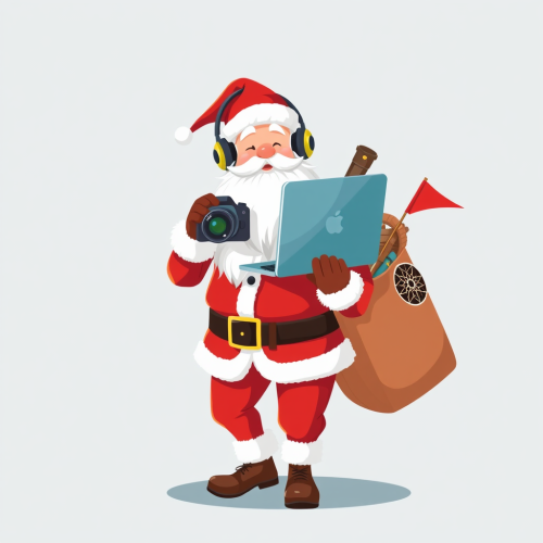 Santa with laptop, camera, speaker and headphone.