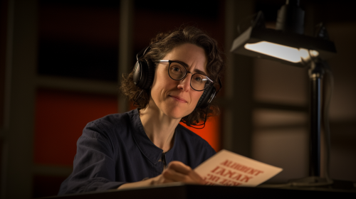 Sarah Koenig recording podcast episode in studio. Glowing sign, notes, real photography.