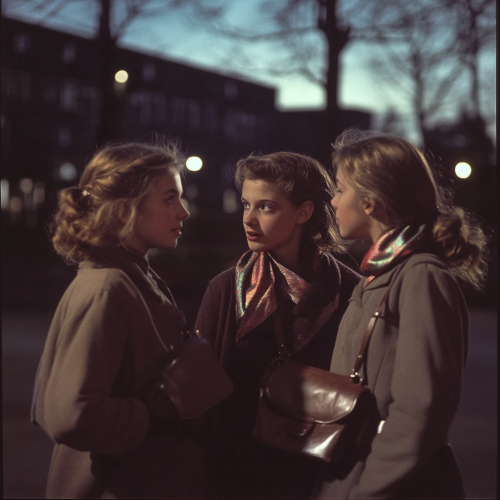 Scandinavian girls chat by school in evening with scarves