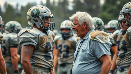 Scared high-school football players look at coach angrily.