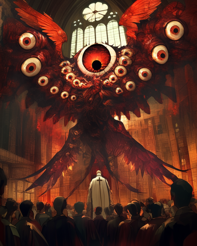 Scary Angel made of eyes and wings appears.