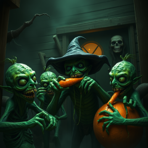 Scary Green Creatures Eating Carrots in Haunted House