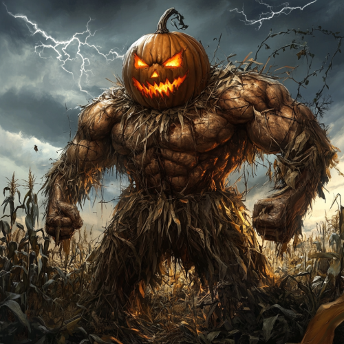 Scary giant scarecrow guards the spooky autumn field
