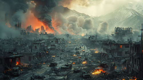 Scene of destruction with smoke, debris, and wrecked vehicles.