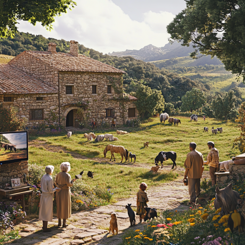 Scene of realistic rural garden with animals, elderly, children.
