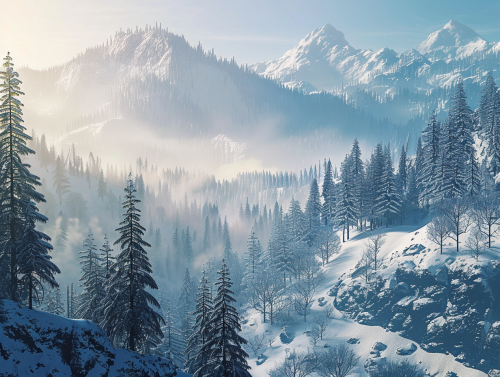 Scenic Winter Forest on Chilly Morning Hilltop