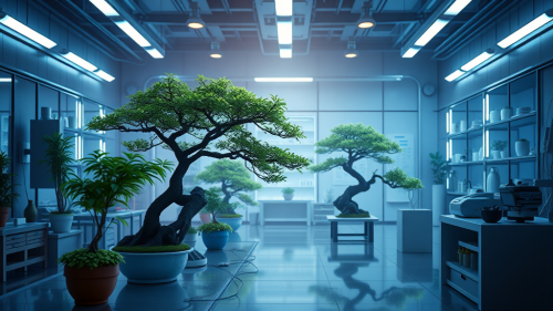 Sci-Fi Lab with Bonsai Plants and Time Travel Watches