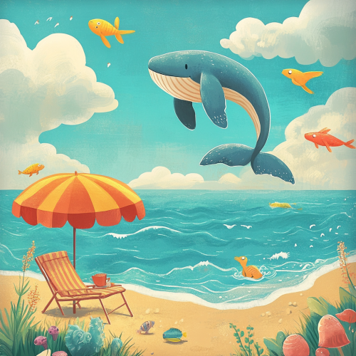 Seagull, whale, beach umbrella, chair, sea creatures cartoon scene.