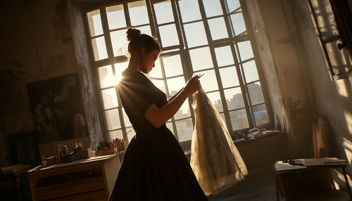 Seamstress adjusting dress on woman for Vogue photoshoot