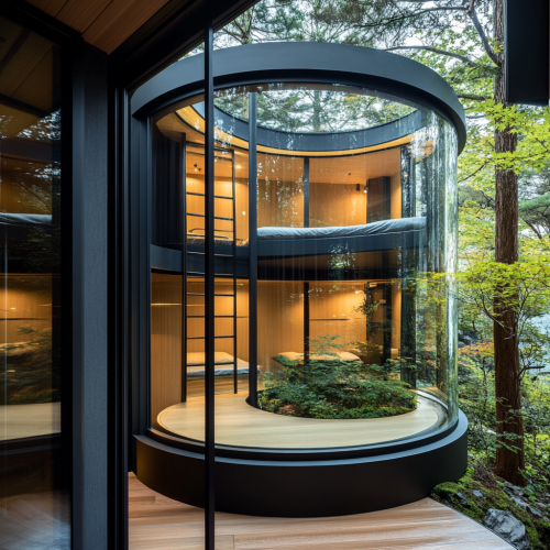 Sectional view of cabin with circular glass room. Inside: garden, 3 stories, bunk beds. Sectional view of cabin with circular glass room. Inside: garden, 3 stories, bunk beds.