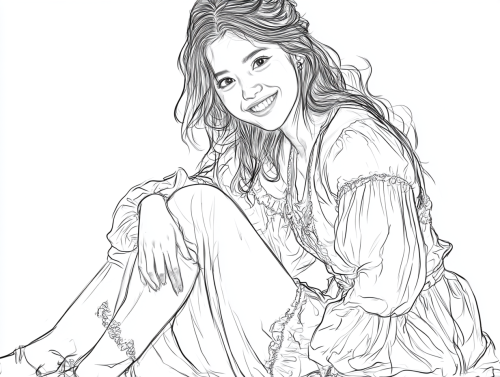 Selena Gomez in peasant girl costume sitting and smiling.