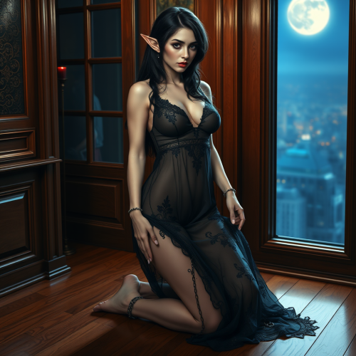 Sensual Elf Woman in Moonlit Luxury Room