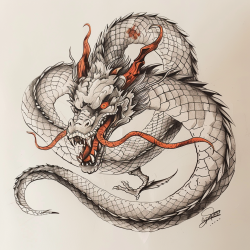 Sepia Dragon Tattoo with Red Eyes on White