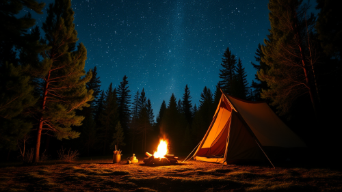 Serene Campsite with Rustic Tent Under Starlit Sky Serene Campsite with Rustic Tent Under Starlit Sky