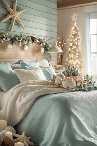 Serene Coastal Christmas Bedroom Decor in Blue Tones