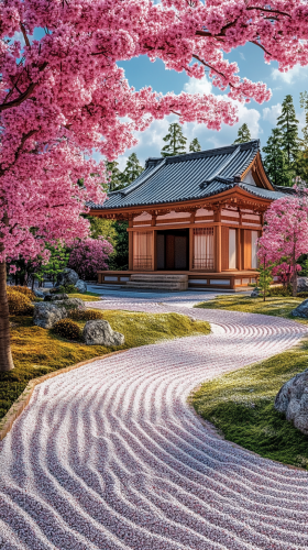 Serene Japanese temple with weeping cherry blossom tree