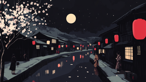 Serene Japanese village night scene in woodblock print.