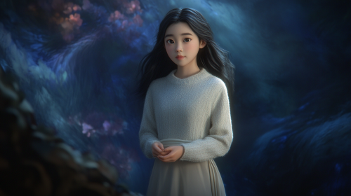 Serene Korean girl in mystical dreamlike setting.