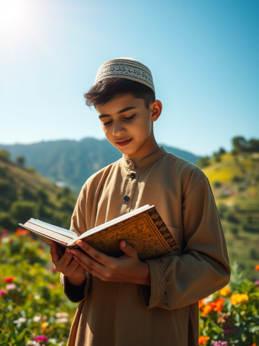 Serene Muslim boy reading Quran in beautiful valley