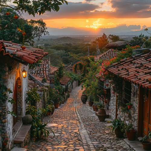 Serene Sunset Rural Mexican Village Cobblestone Streets Serene Sunset Rural Mexican Village Cobblestone Streets