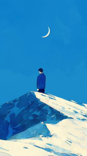 Serene man in blue sweater gazes at moon on mountain. Serene man in blue sweater gazes at moon on mountain.