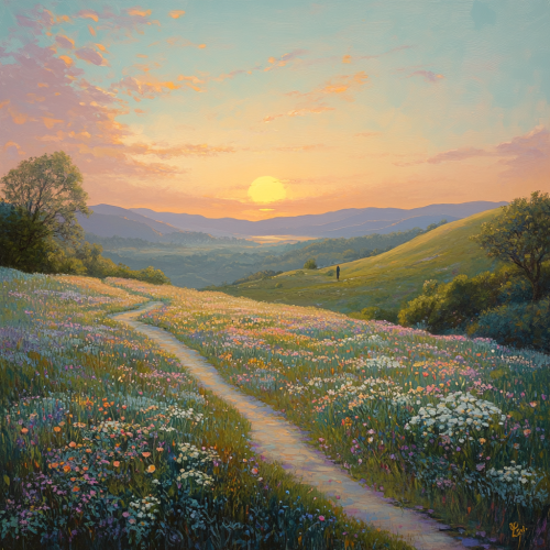 Serene sunrise over lush valley, person anticipating future.