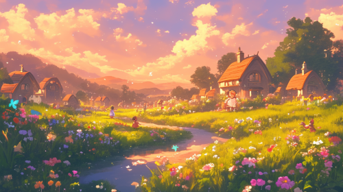 Serene village fantasy scene with children playing dragonflies