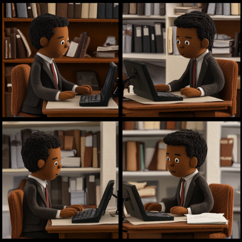 Series of felt art pieces depicting brown-skinned office worker.
