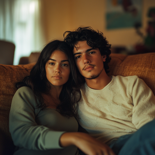 Serious Latina woman contrasts happy boyfriend at home