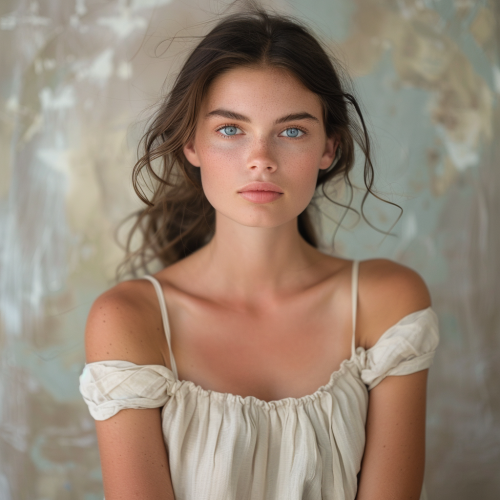 Serious woman in a calm studio setting with grace