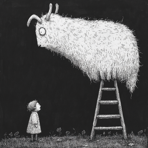 Sheep-like creature on ladder with child, eerie setting.