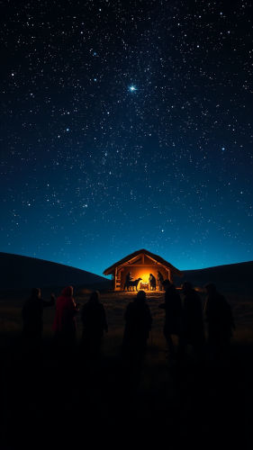 Shepherds and Wise Men Approaching the Starlit Manger