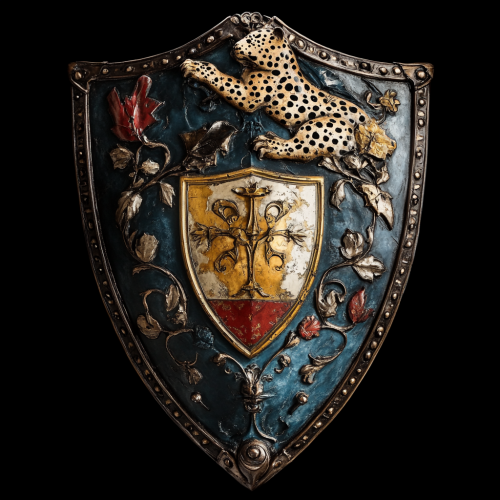 Shield with different colored sections, flower, wheat, jaguar.